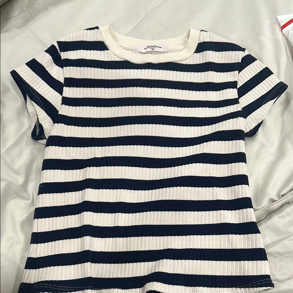 perfectwhitetee Navy and White Striped Ribbed Short Sleeve Tee